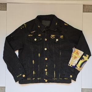 Woolf Denim Jean Jacket Men's Medium Black Gold Splatter Distressed  Streetwear